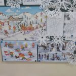 Prace plastyczne przedszkolaków przedstawiające zimę.