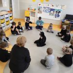 Sala zabaw grupy Promyczków. Dzieci wraz z nauczycielką siedzą w kole, jedno z nich znajduje się w środku koła , w pozycji siadu klęcznego. Wszyscy mają stroje w kolorach czarno - szarych, na twarzach mają maski kota.